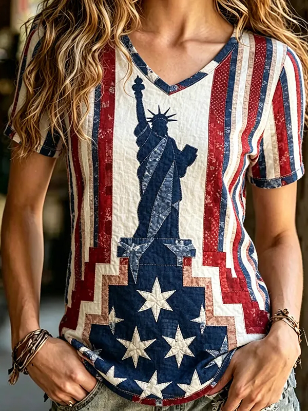 Women's Statue of Liberty American Memorial Day Print Casual V Neck T-Shirt