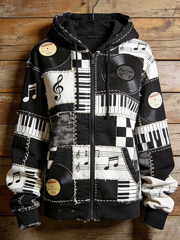 Women's Piano Keys Vinyl Records Music Notes Print Hooded Zip Up Jacket