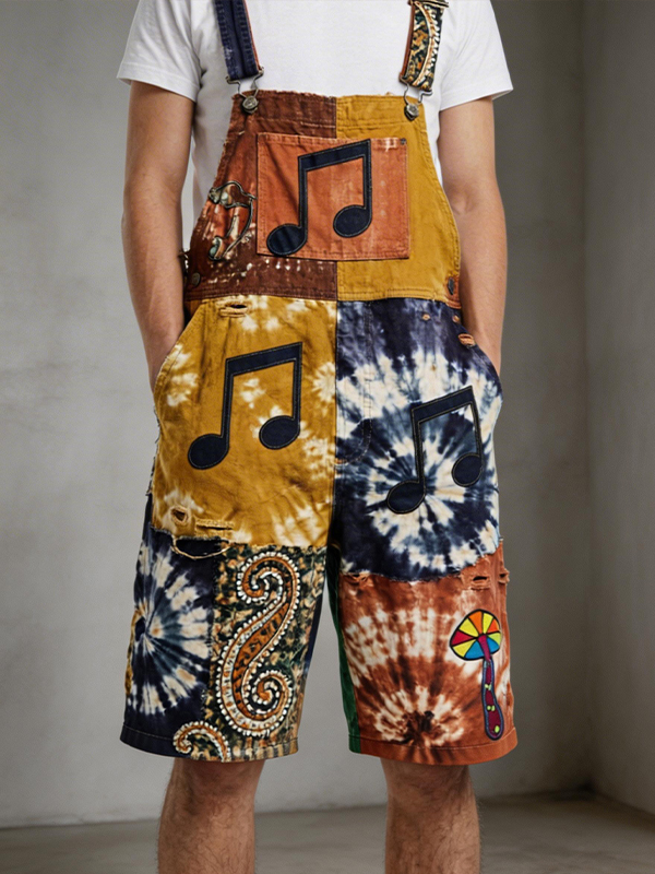 Men's Hippie Notes And Mushroom Tie-Dye Art Print Denim-Like Shorts Overalls