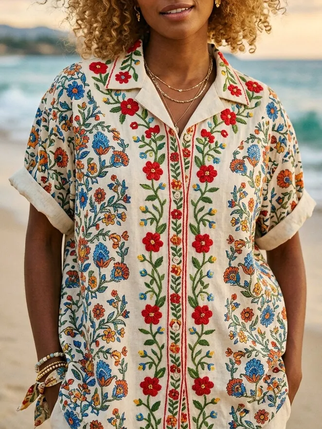 Women's Boho Resort Style Flowers Print Short Sleeve Shirt