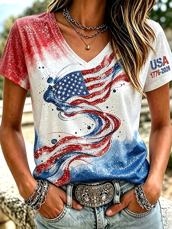 Women's The Shining Flag Of The USA Art Print V Neck Short Sleeve T-Shirt