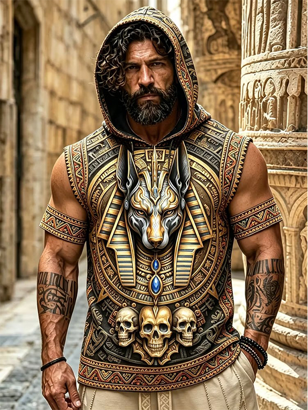 Men's Anubis Ethnic Patterned Skull Art Print Workout Hooded Tank Top