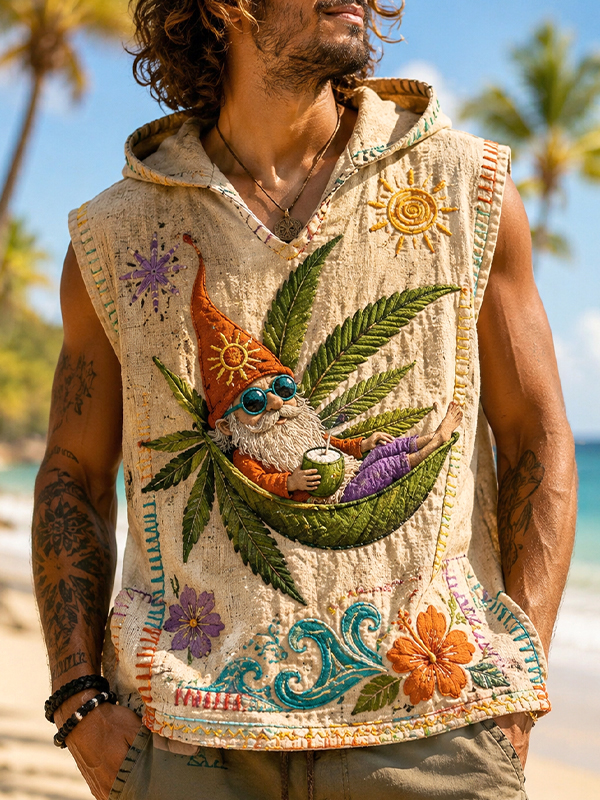 Men's Vacation Style Hippie Gnome Floral Wave Print Hooded Tank Top