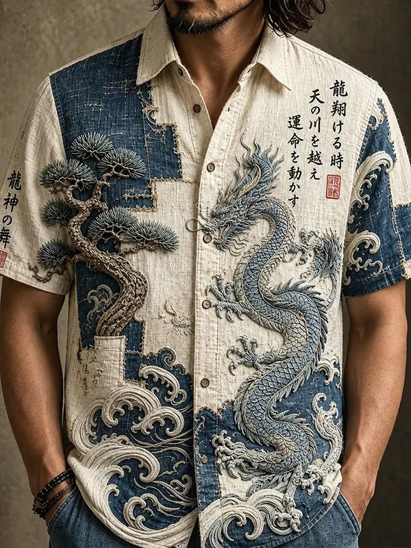 Men's Retro Japanese Dragon and Wave Print Short Sleeve Shirt