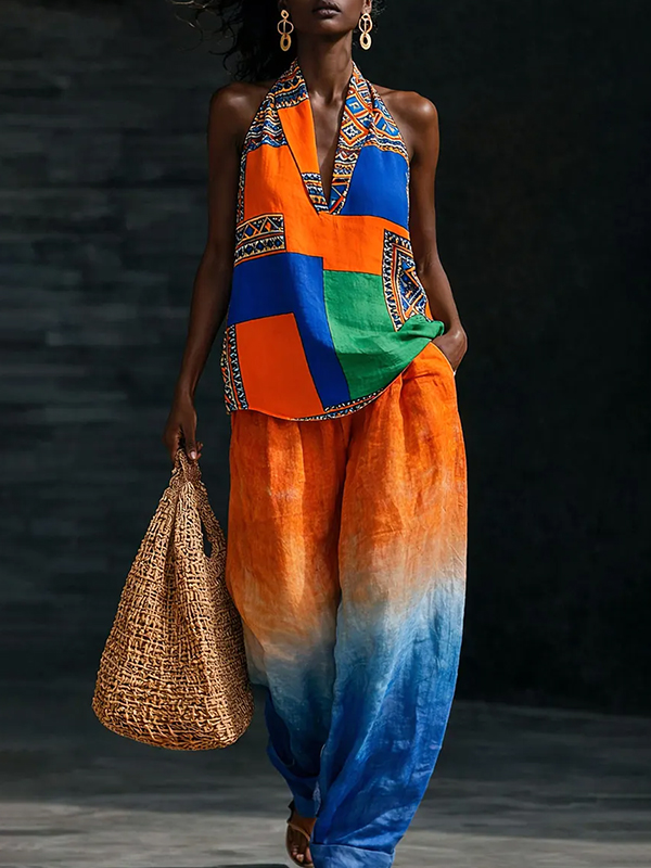 Women's Geometric Colorblock Ethnic Patterns Deep V Neck Sleeveless Top Pants Matching Set