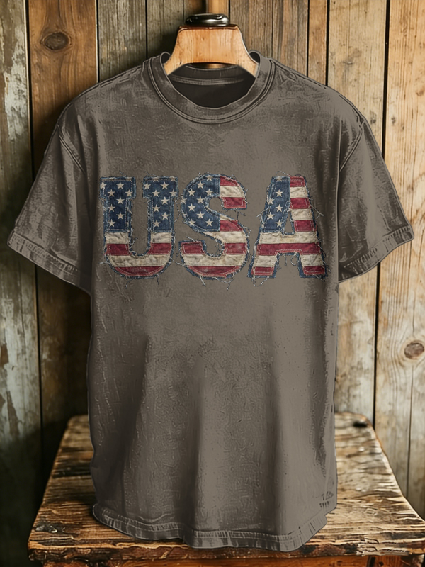 Men's USA Flag Vintage Frayed Letter Print Cotton Casual T-Shirt