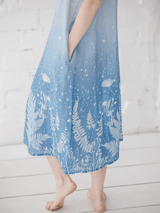 Women's Ombre Grass Print Linen Short Sleeve Dress