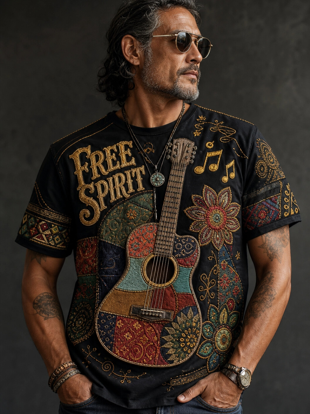 Men's Free Spirit Floral Guitar Hippie Art Print T-Shirt