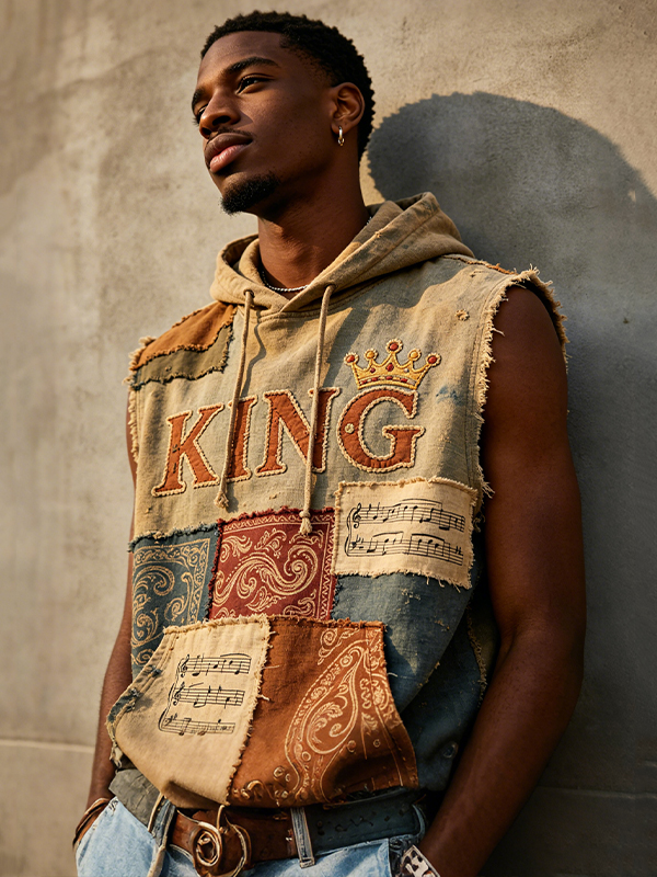 Men's Patchwork KING Music Note Hiphop Art Print Workout Hooded Tank Top