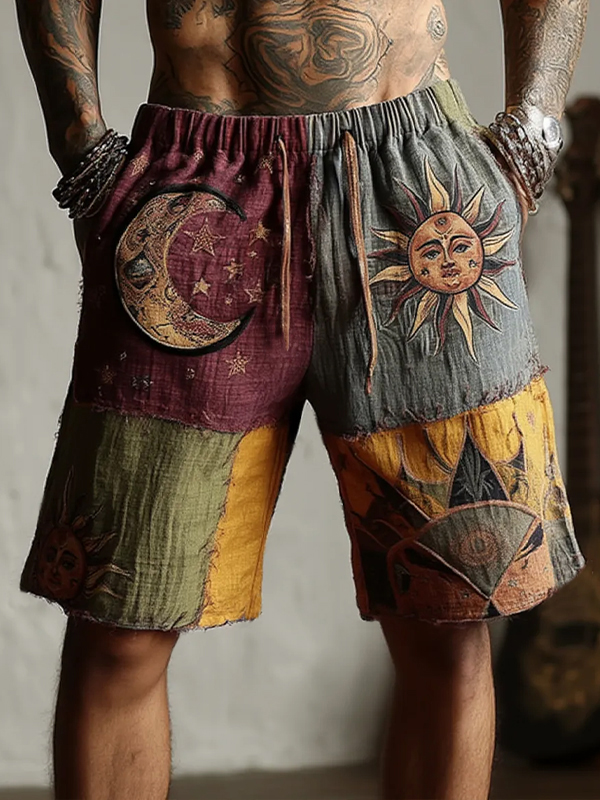 Men's Retro Sun And Moon Hippie Art Print Casual Shorts