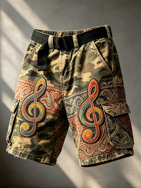 Men's Vintage Camo Treble Clef Ethnic Pattern Patchwork Art Print Casual Shorts