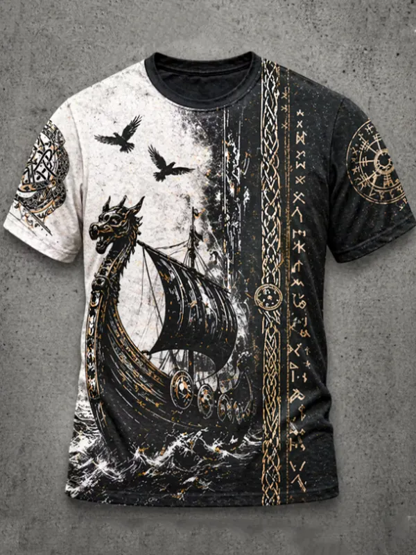 Men's Two Tone Viking Dragon Longship Raven Norse Rune Knot Print T-Shirt