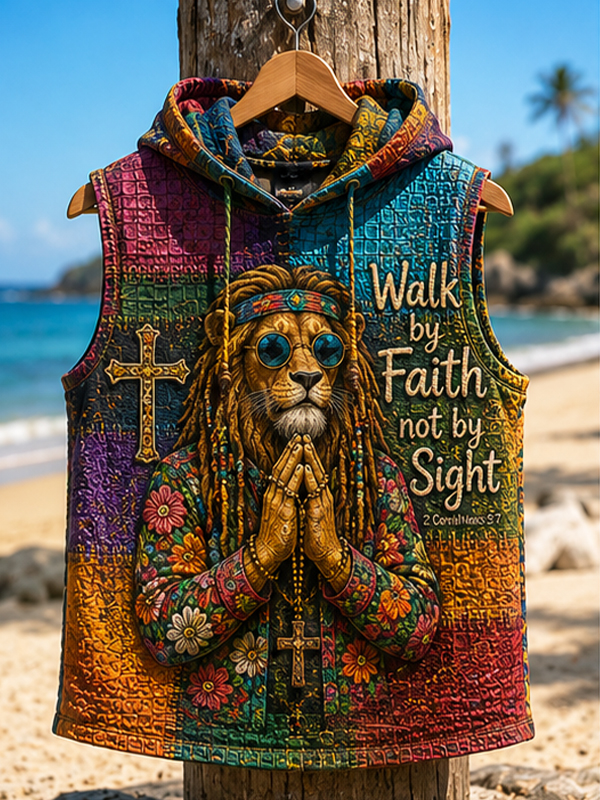 Men's Walk By Faith Not By Sight Leo Faith Hippie Art Pattern Vacation Style Hooded Tank Top