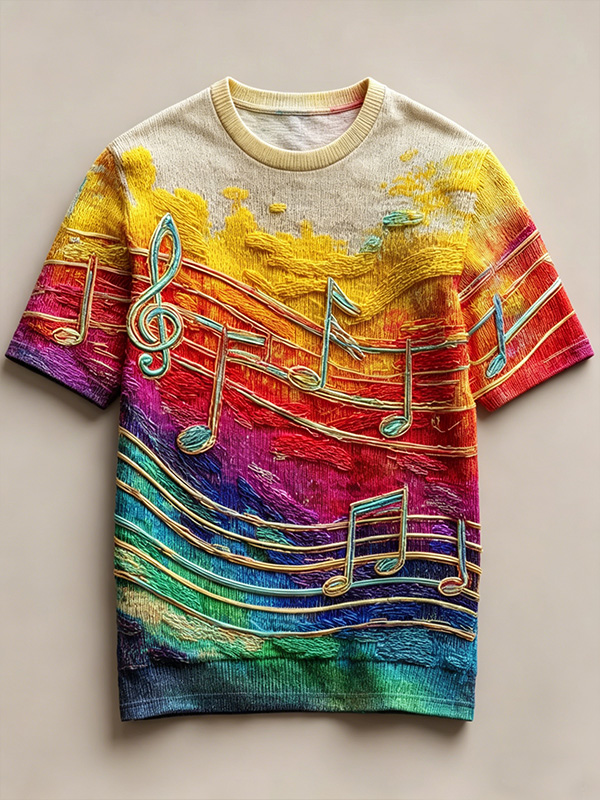 Men's Boho Style Gradient Rainbow Music Note Print T-Shirt