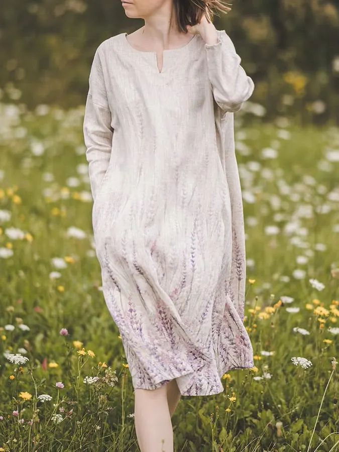 Women's Lavender Print Linen Dress