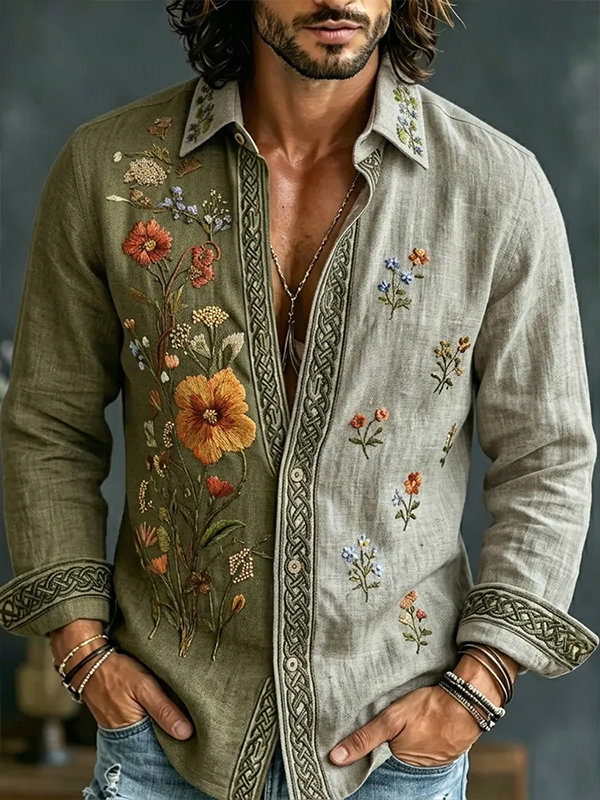 Men's Elegant Boho Flowers Art Print Long Sleeve Shirt