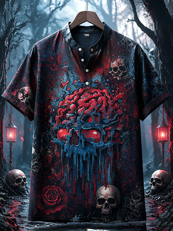 Men's Gothic Skull & Rose Art Print Half Button T-Shirt
