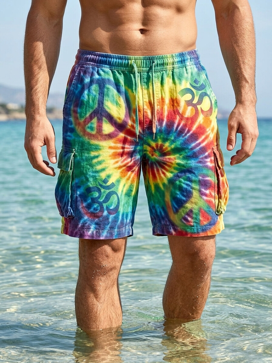 Men's Rainbow Tie-Dye Peace & Om Symbol Print Drawstring Waist Shorts