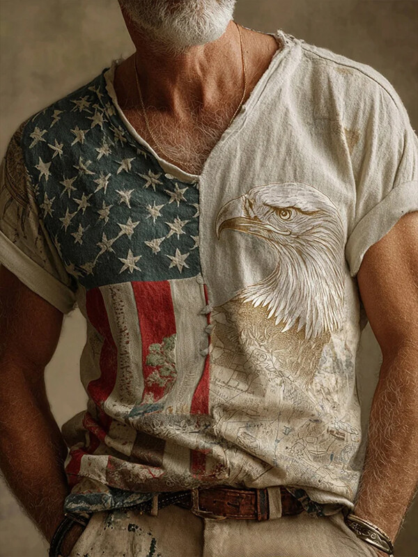 Men's Distressed USA Flag And Bald Eagle Art Print V Neck T-Shirt