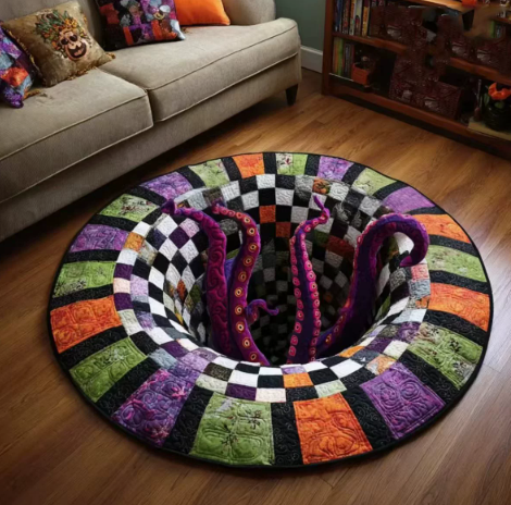 🔥3D Skeleton Vortex Quilted Round Halloween Rug