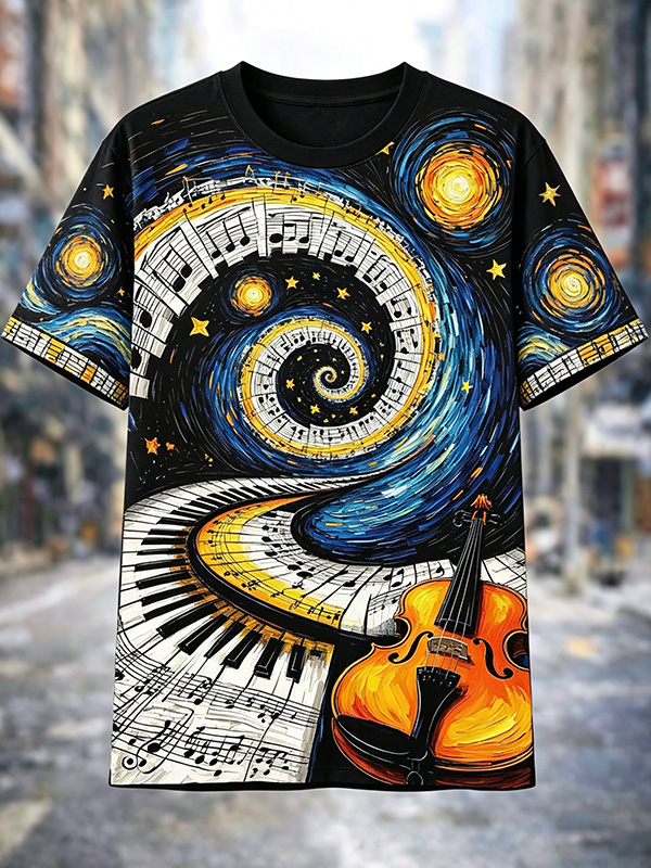Men's Abstract Starry Sky Music Guitar Oil Painting Art Print T-Shirt