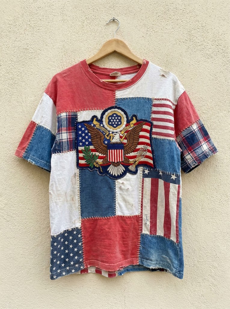 Men's American Eagle Patchwork Distressed Vintage Flag Print T-Shirt