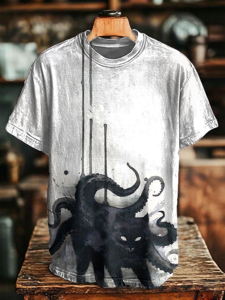 Men's Ink Splash Octopus Cat Watercolor Drip Print T-Shirt