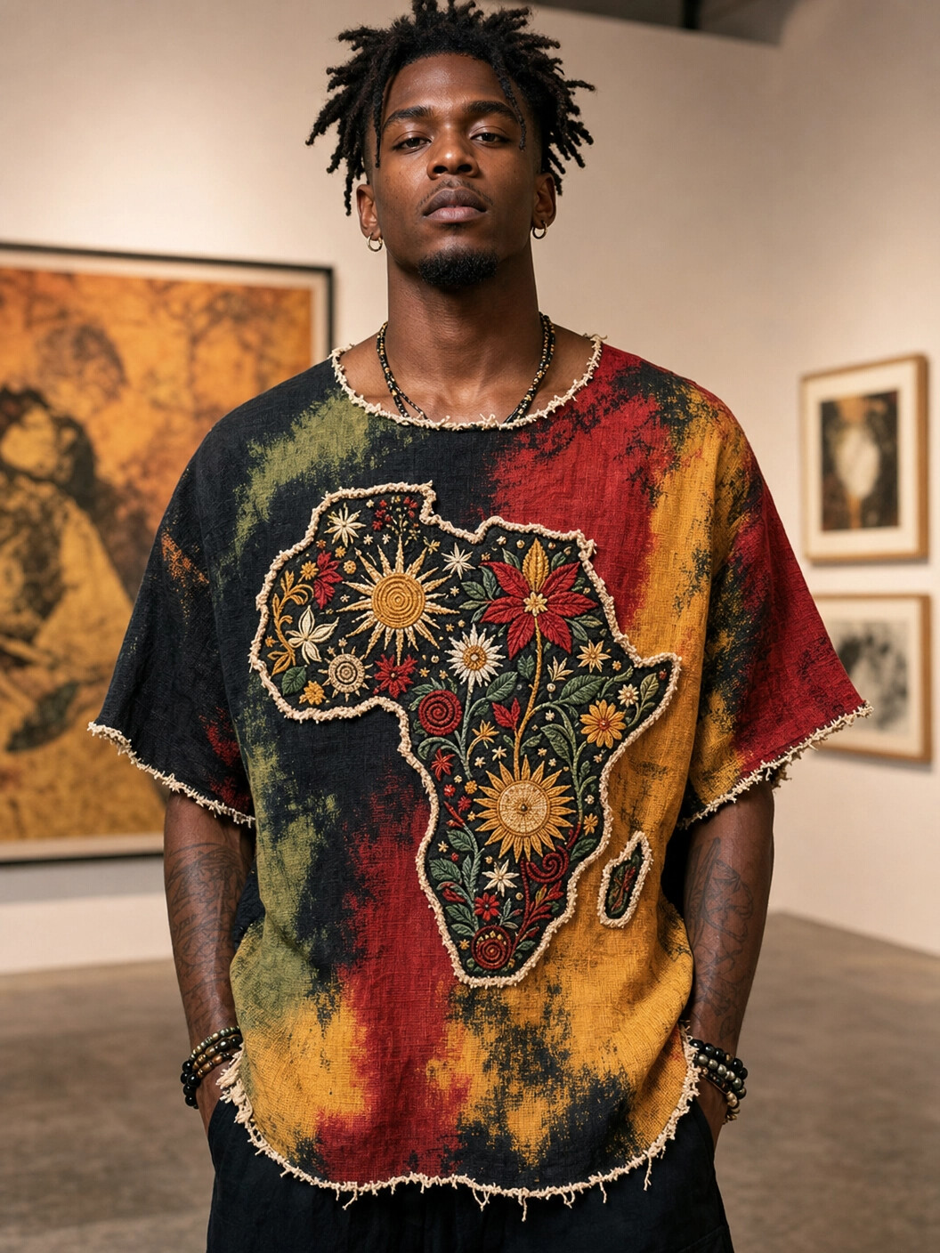 Men's Rasta Tie Dye Africa Map Floral Print T-Shirt