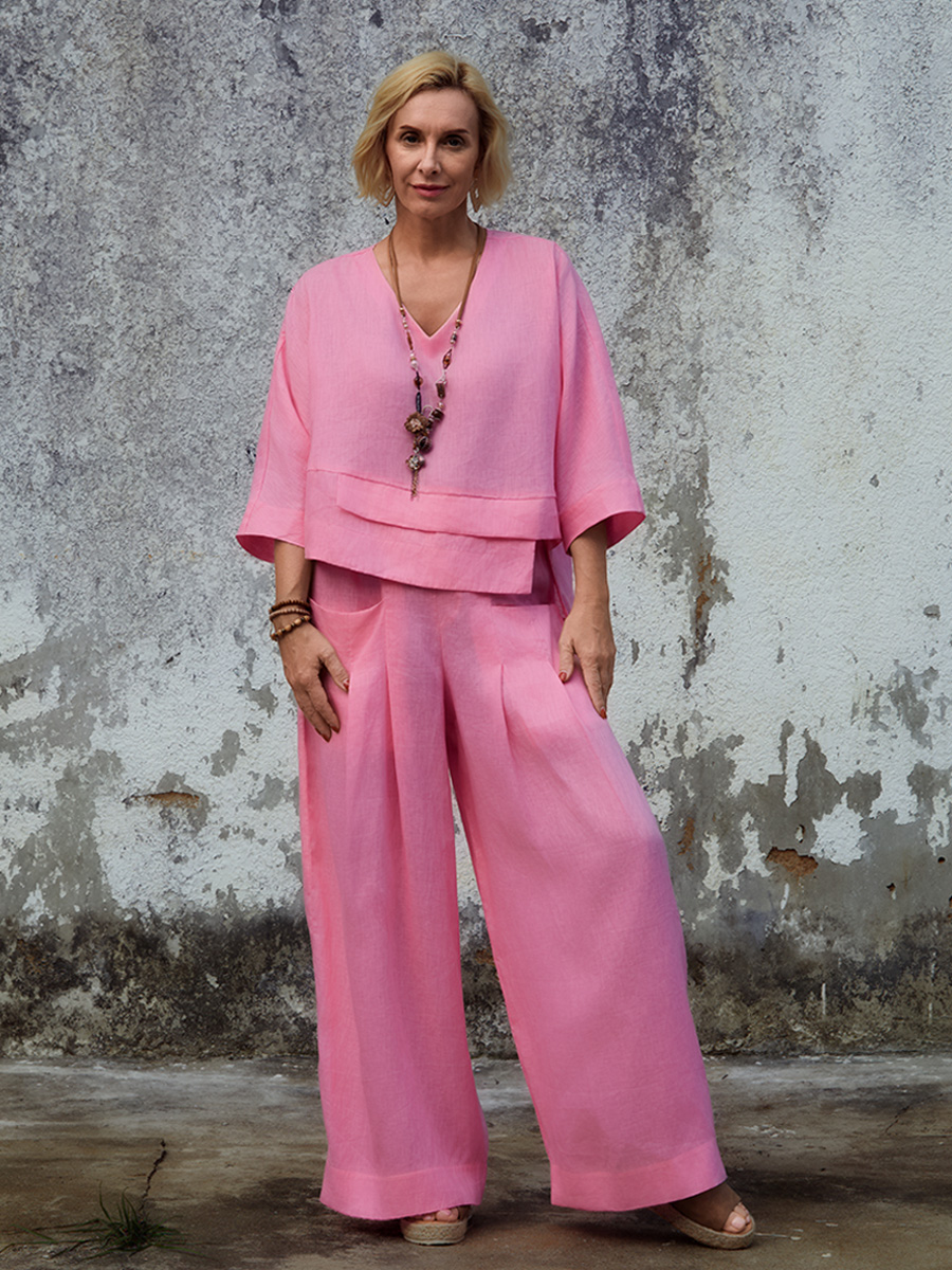 Women's Linen Asymmetric Top and Pats Sets