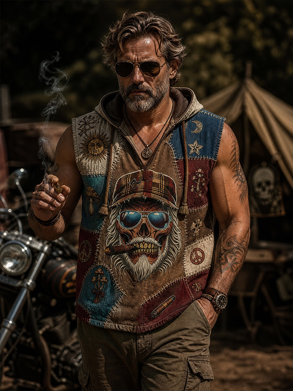 Men's Retro Skull Sun And Moon Peace Hippie Art Print Hooded Tank Top