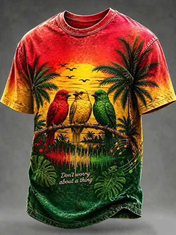 Men''s Reggae Rasta Three Parrots Sunset Palm Tree Gradient Art Print T Shirt