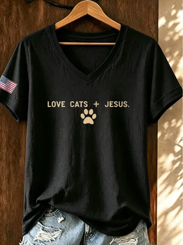Women's Love Cats + Jesus Cat Paw USA Flag Print Casual V Neck T-Shirt