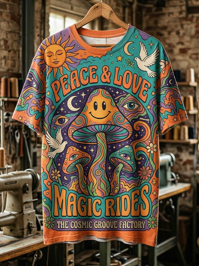 Men's Mushrooms Peace And Love Art Print Hawaiian Beach Style Casual T-Shirt
