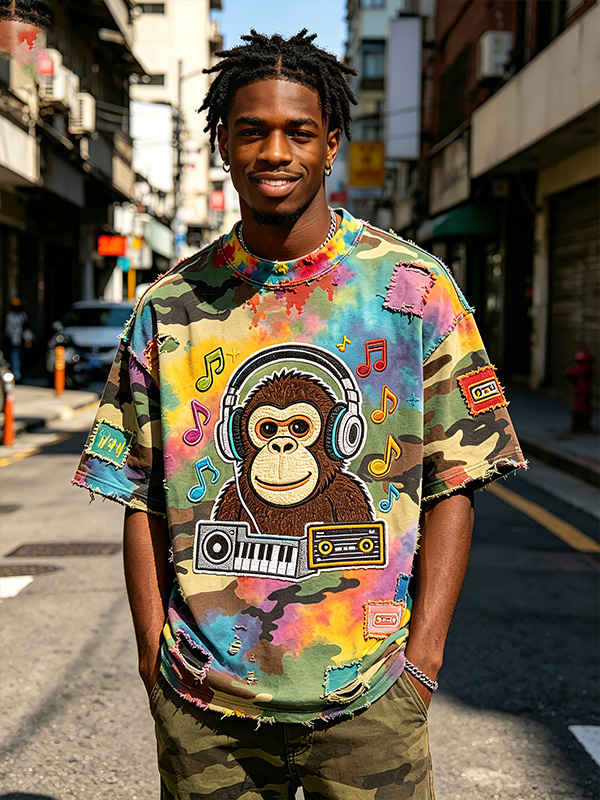 Men's Tie Dye Hip Hop Monkey Music Note Patchwork Print Drop Shoulder Casual T-Shirt