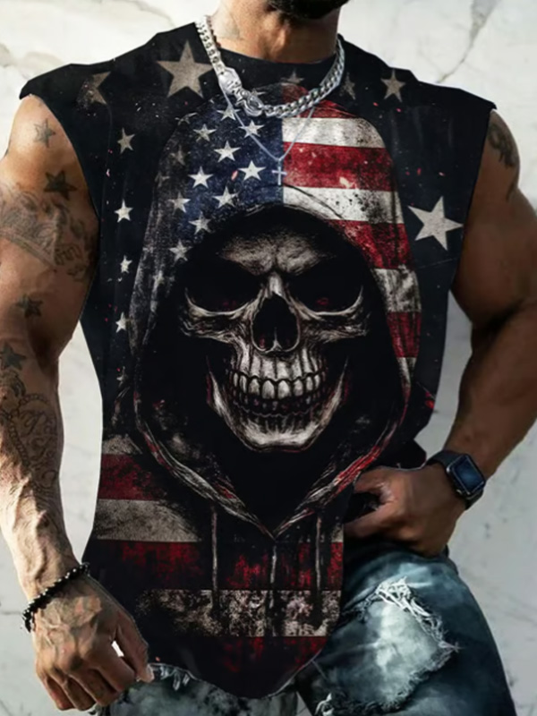 Men's Dark Art Skull Stars and Stripes Print Casual Tank Top