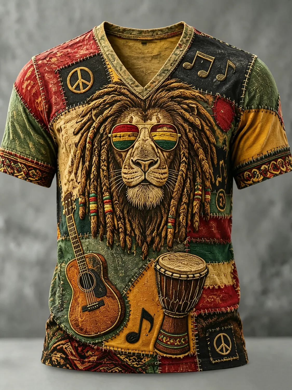 Men's Vintage Reggae Rasta Dreadlock Lion Patchwork Music Print V Neck T-Shirt