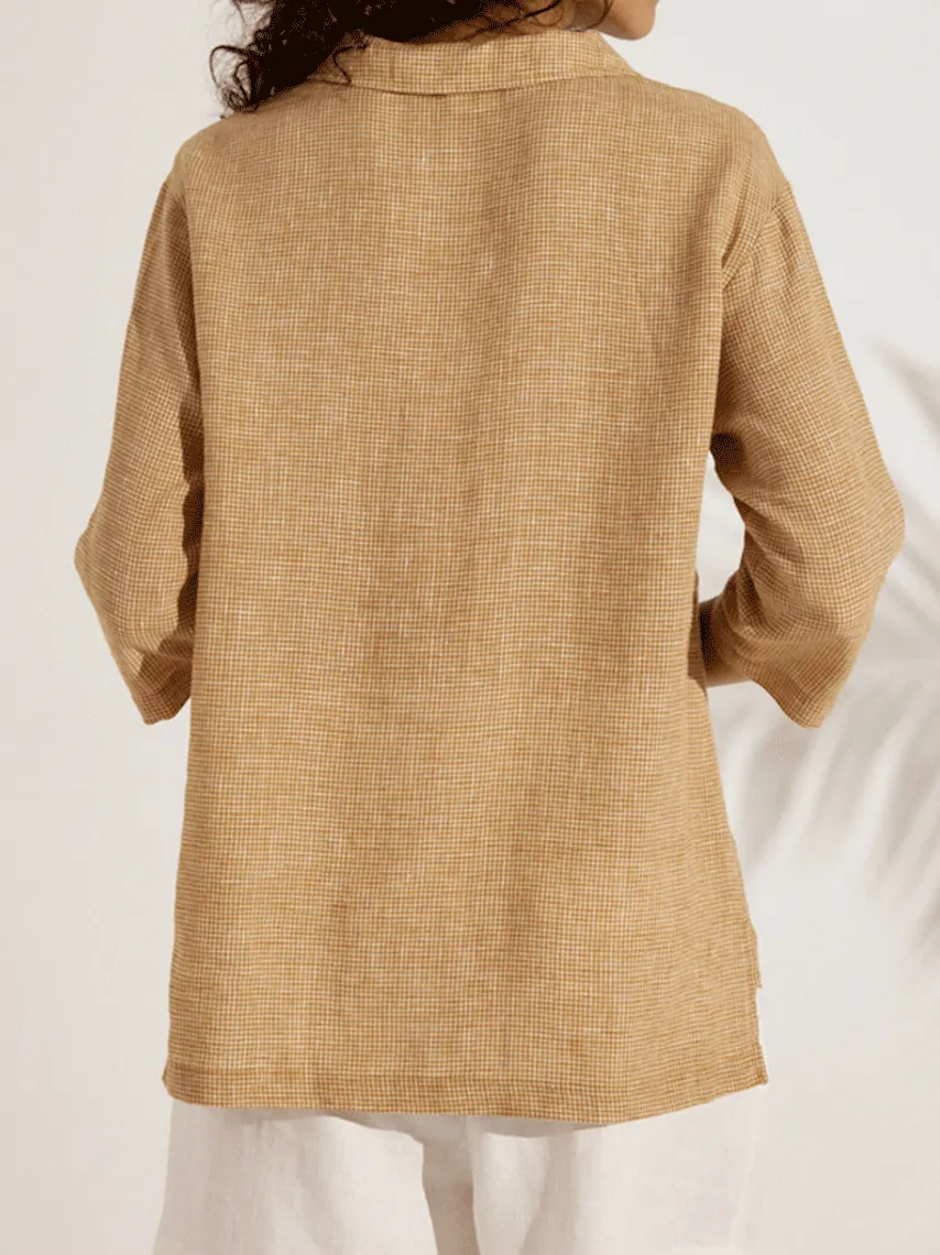Women's Casual Checked Linen Classic Doll Collar Shirt