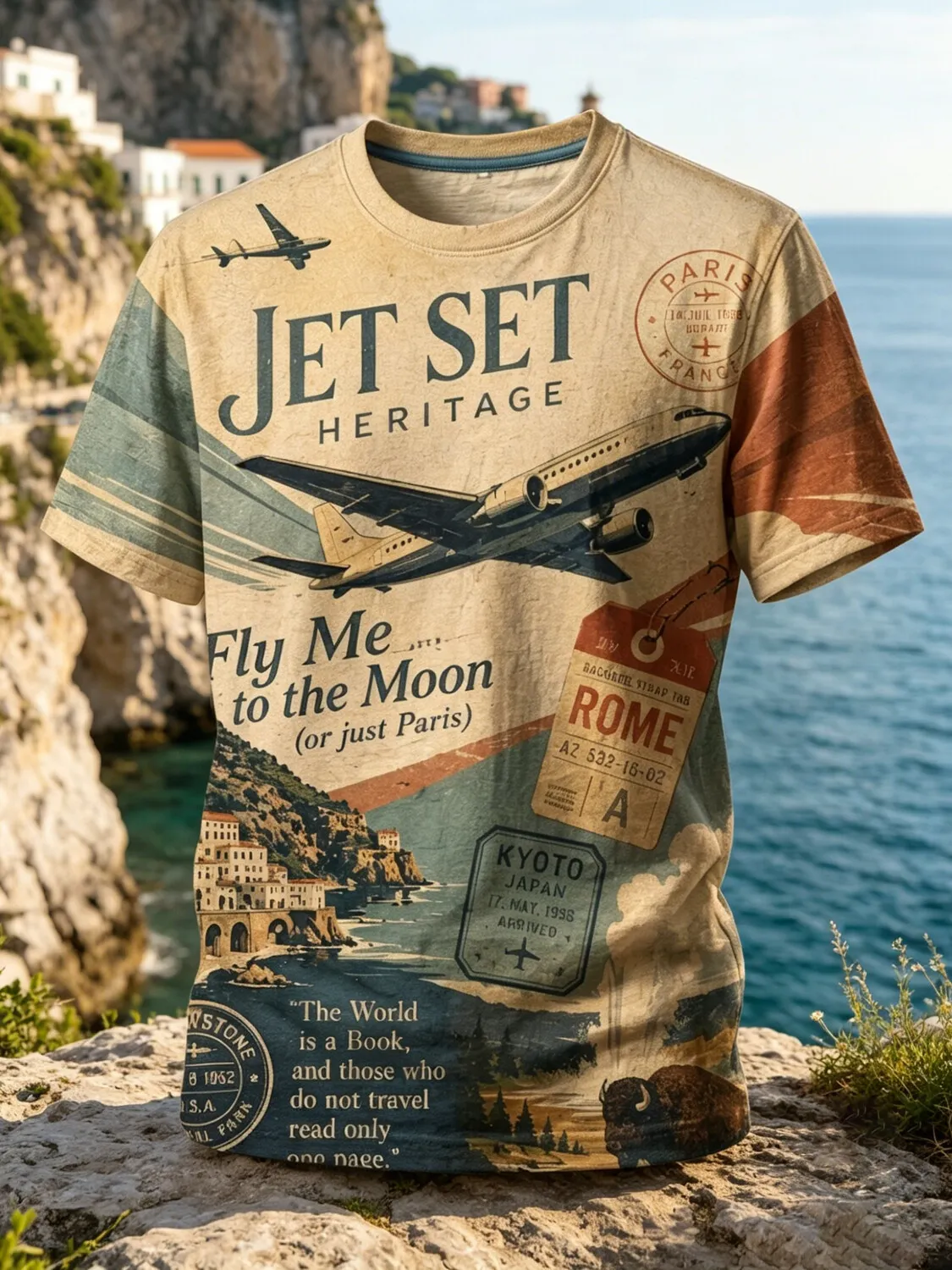Men's Retro Jet Airplane Multi-City Travel Stamp Luggage Tag Vintage Art Print T-Shirt