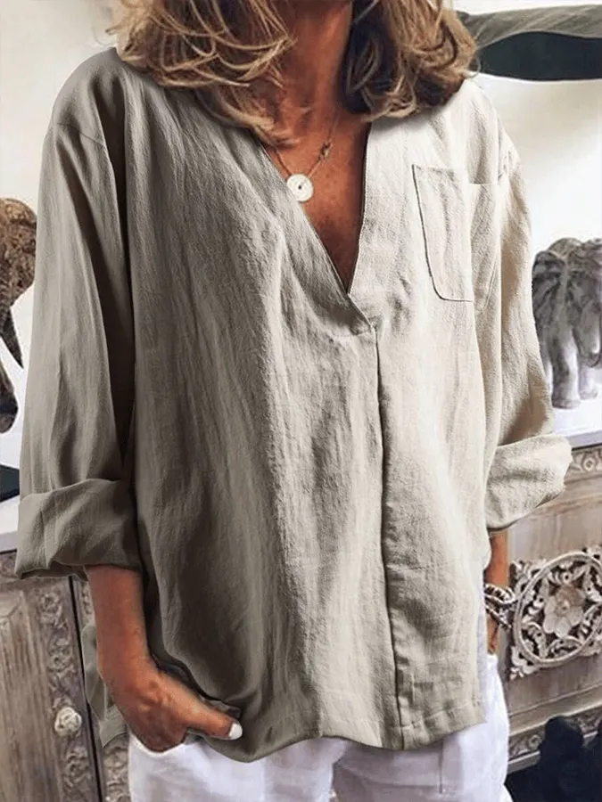Women's V-Neck Long Sleeve Loose With Pockets Casual Shirt