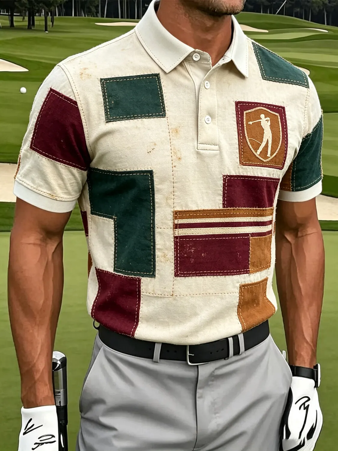 Men's Color Block Patchwork Golfer Badge Art Print Polo Shirt