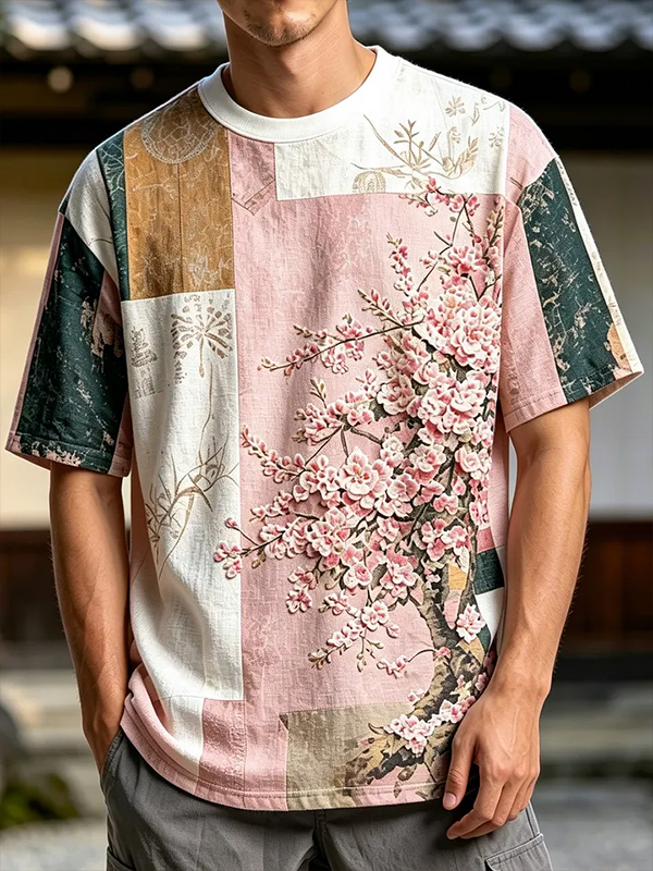 Men's Colorblock Cherry Blossom Print Casual T-Shirt