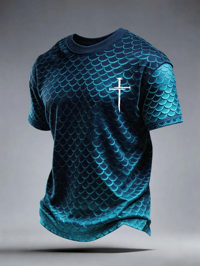 Men's Fish Scale Nail Cross Print Casual T-Shirt