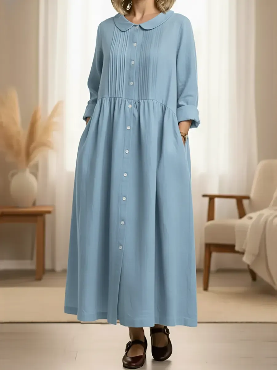 Women's Peter Pan Collar Long-sleeved Cotton And Linen Dress