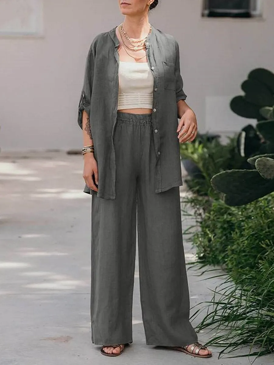 Women's Spring Solid Color Long- Sleeve Shirt and Pants Two Piece Set