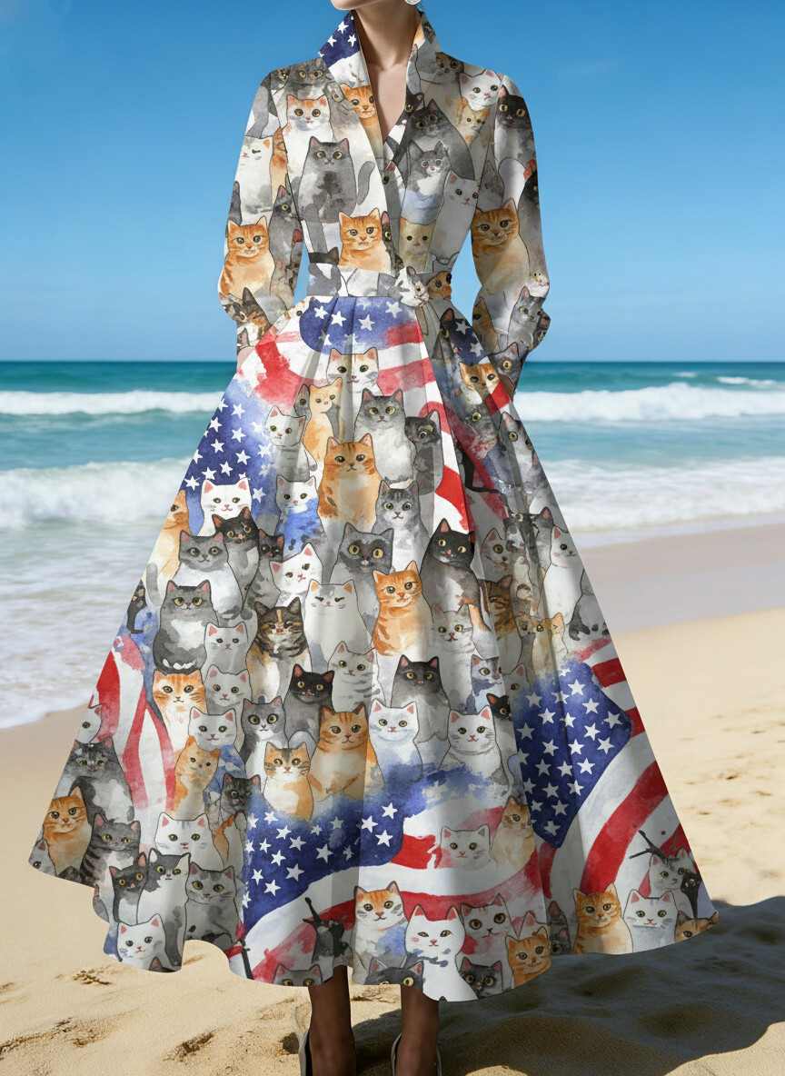 Women's Independence Day Cat Flag Print Long Sleeve Maxi Dress