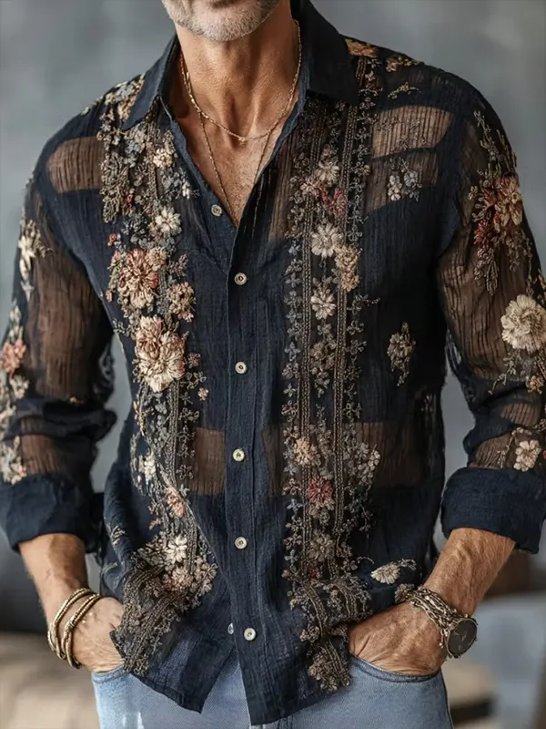 Men's Bohemian Retro Floral Art Print Long Sleeve Shirt