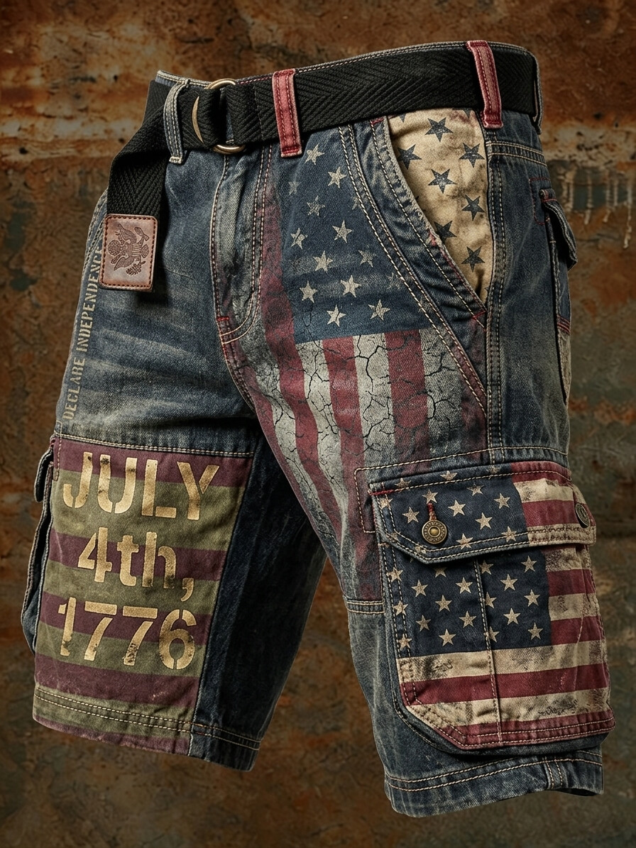 Men's Independence Day American Flag July 4th 1776 Print Denim-Like Cargo Shorts