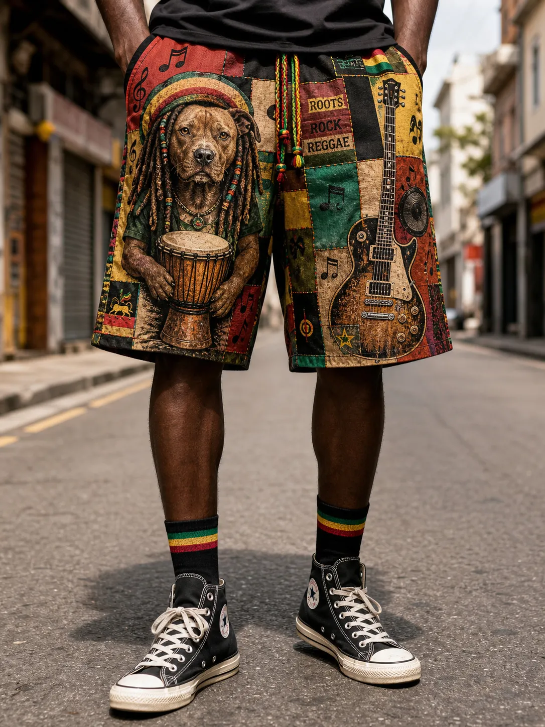 Men's Roots Rock Reggae Dog Drummer Print Casual Shorts