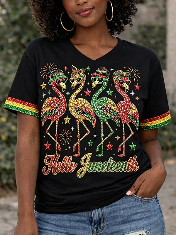 Women's Hello Juneteenth Flamingo Rhinestone Print Casual V Neck T-Shirt