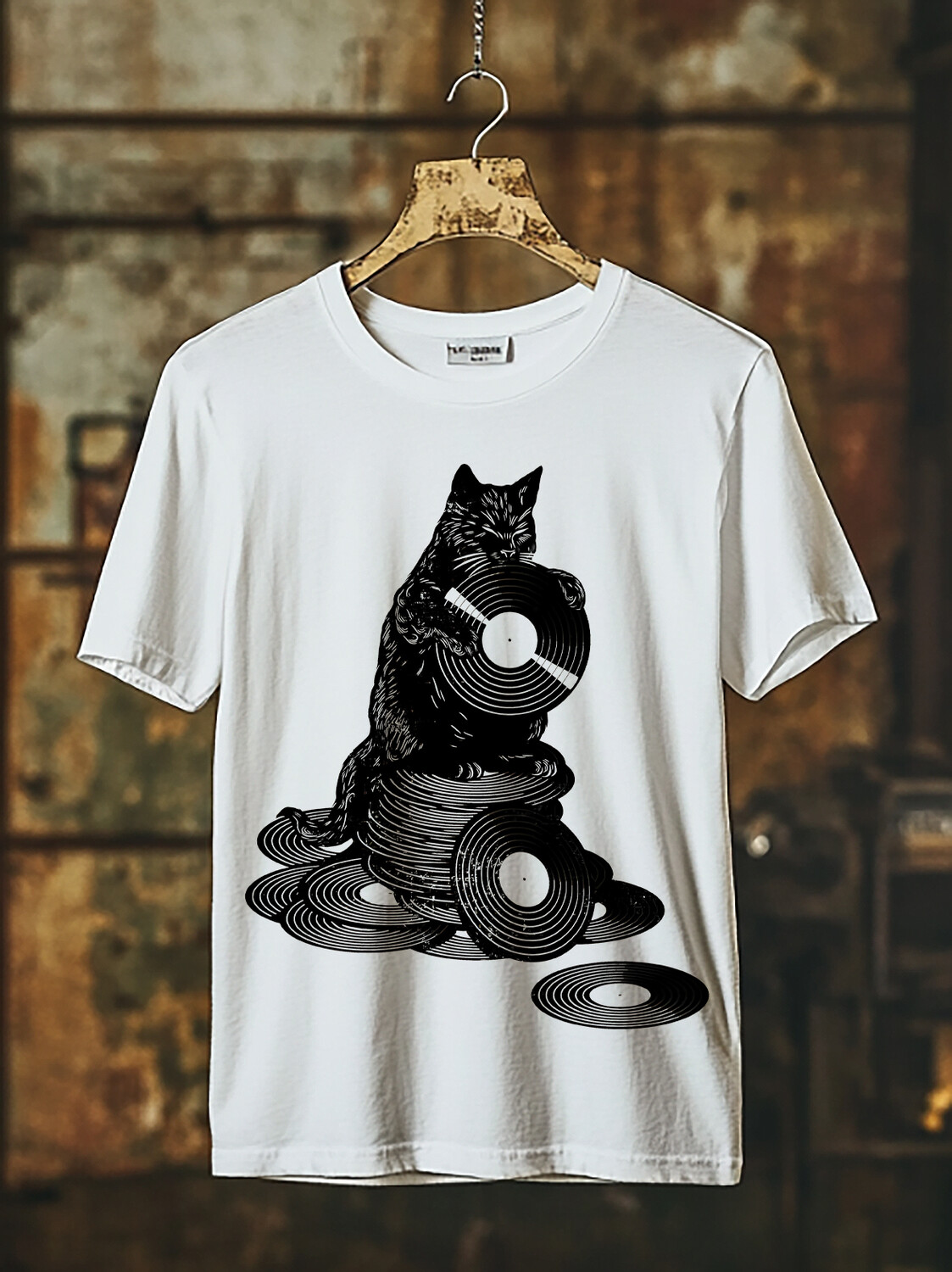 Men's Fun Cat Vinyl Records Print Cotton Casual T-Shirt